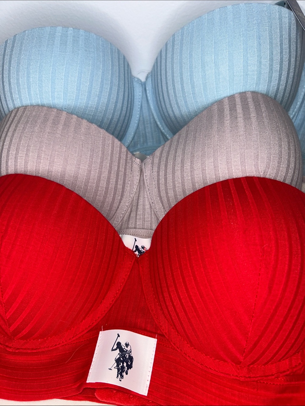 U.S. Polo Assn. Ribbed Padded Bras - Red, Beige, Light Blue